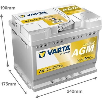 Pièces agricoles - Eclairage - Batterie 12V 60Ah 680A A8 VARTA Dynamic AGM