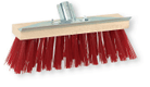 Balai cantonnier fibre synthétique rouge support bois avec grattoir longueur 32 cm douille galvanisée pour manche diamètre 28 mm