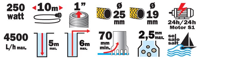 Materiels - Pompe submersible - POMPE IMMERGEE EAUX SALEES 250W AVEC FLOTTEUR