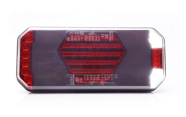 Pièces agricoles - Eclairage - Feu arrière multifonction LED, gauche, avec plaque d'immatriculation latérale, rouge/orange/blanc, 12-24 V, 236 x 104 x 40,5 mm
