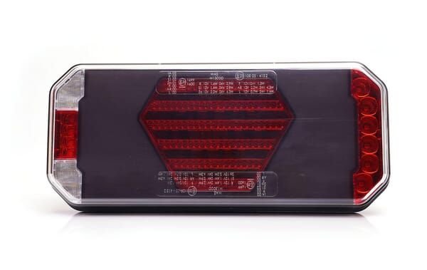Pièces agricoles - Eclairage - Feu arrière multifonction LED, droit, avec plaque d'immatriculation latérale, rouge/orange/blanc, 12-24 V, 236 x 104 x 40,5 mm