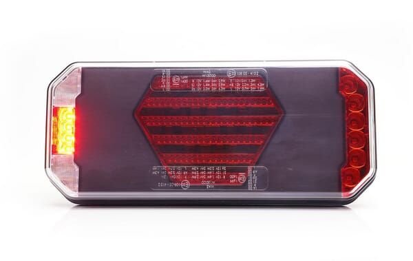 Pièces agricoles - Eclairage - Feu arrière multifonction LED, droit, avec plaque d'immatriculation latérale, rouge/orange/blanc, 12-24 V, 236 x 104 x 40,5 mm