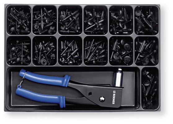 Boulonnerie, quincaillerie - Rivets, chevilles, pointes et agrafes - Coffret BS 200 rivets plastique + pince - 201 pcs (par 1)