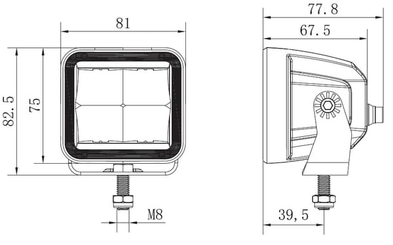 Pièces agricoles - Eclairage - Lampe de travail indirecte LED, 40W, 4800lm, carrée, 12/24V, blanche, 81x82,5x67,5mm prise Deutsch, faisceau étroit, 4LED
