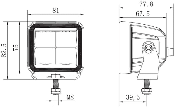 Pièces agricoles - Eclairage - Lampe de travail indirecte LED, 40W, 4800lm, carrée, 12/24V, blanche, 81x82,5x67,5mm prise Deutsch, faisceau étroit, 4LED