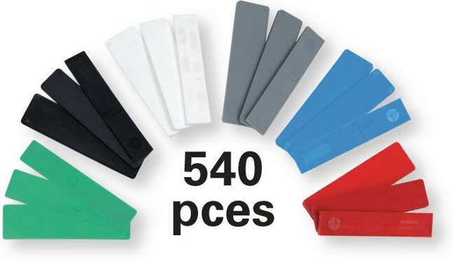 Boulonnerie, quincaillerie - Meubles, rangements - Assortiment de 540 cales plastiques de couleur de larg.20/24/28 et longueur 100mm et épaisseur 1/2/3/4/5/6. (par 1)