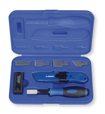 Boulonnerie, quincaillerie - Meubles, rangements - Coffret 27 pièces racloir et lames plates largeur 12 - 16 - 20 et lames 16 mm à 53° avec cutter pour lame trapèze à bouton pouss