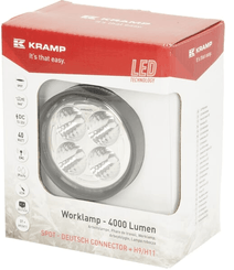 Pièces agricoles - Eclairage - Lampe de travail LED, 40W, 4000lm, ronde, blanche, 10/30 V, 84x126x71.8mm, prise AMP, faisceau spot, 4 LED, 360 degrés, Kramp