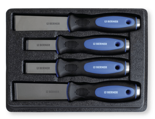 Outils - Outils divers - Set 4 racloirs lame inox avec tête de frappe, poignée bimatière, lame épaisseur 1,2mm et 2,6 mm, largeur 20 et 32 mm. (par 1)