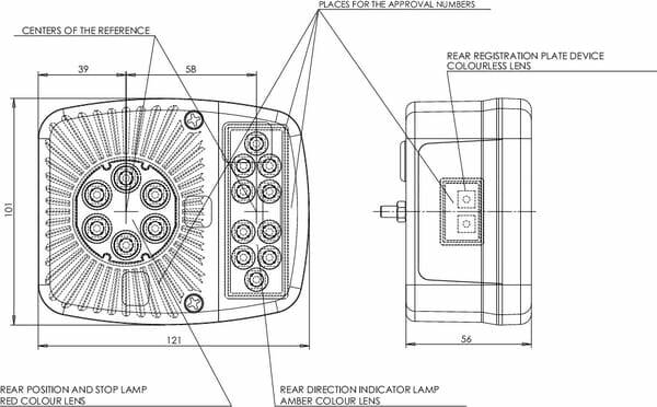 Pièces agricoles - Eclairage - Feu arrière multifonction LED carré, 12-24V, 121x101x56mm, 5-fiches, Kramp