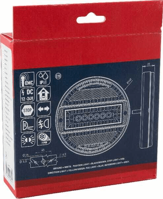 Pièces agricoles - Eclairage - Feu arrière multifonction LED, rond, 12-24V, Ø 140mm, 7 fiches, Kramp