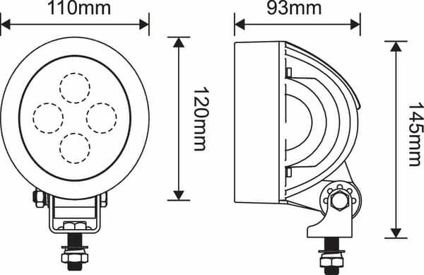 Pièces agricoles - Eclairage - Phare de travail LED 40W 4500lm rond blanc, 110x93x145mm, faisceau large, 4 LED's, Kramp