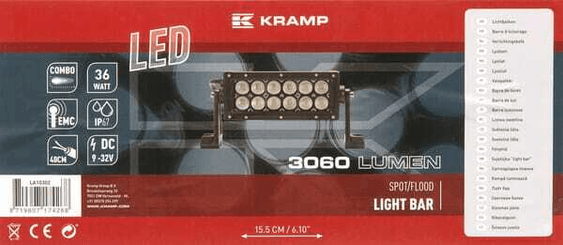 Pièces agricoles - Eclairage - Barre lumineuse LED, 36W, 3060lm, rectangulaire, 12/24V, blanc, 193x57mm, manchon d'extrémité de câble, Combo, 12 LED, Kramp
