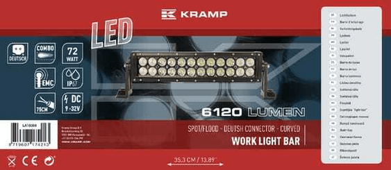 Pièces agricoles - Eclairage - Barre lumineuse de travail LED, 72W, 6120lm, rectangulaire, 12/24V, blanc, 343x57mm prise Deutsch, Combo, 24 LED, Kramp