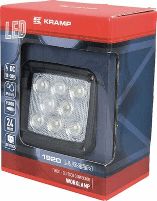 Pièces agricoles - Eclairage - Phare de travail LED carré blanc 24W 1920lm, 10/30V, 105x84x95mm faisceau large prise Deutsch 8 LED Kramp