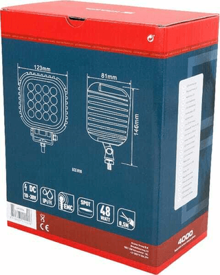 Pièces agricoles - Eclairage - Phare de travail LED carré 48W 4000lm, 10-30V, 123x81x123mm, très longue portée, Kramp