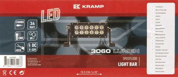 Pièces agricoles - Eclairage - Barre lumineuse LED, 36W, 3060lm, rectangulaire, 12/24V, blanc, 193x57mm, manchon d'extrémité de câble, Combo, 12 LED, Kramp