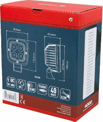 Pièces agricoles - Eclairage - Phare de travail LED carré 40W 4000lm, 10-30V, 98.5x63.4x98.5mm faisceau large Kramp