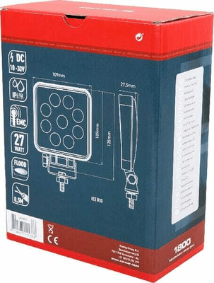 Pièces agricoles - Eclairage - Phare de travail LED carré 27W 1800lm, 10-30V, 109x27.5x109mm faisceau large Kramp