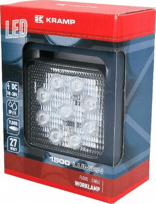 Pièces agricoles - Eclairage - Phare de travail LED carré 27W 1800lm, 10-30V, 109x27.5x109mm faisceau large Kramp