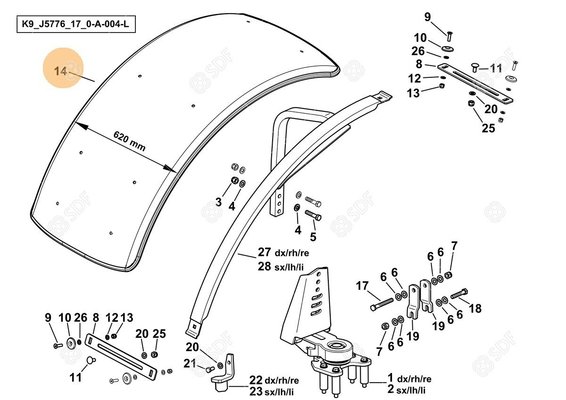 Pièces agricoles - Cabine et structure - garde-boue/aile mm 620 Deutz-Fahr origine