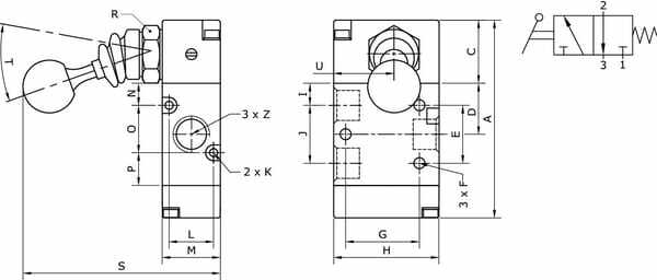 Pièces agricoles - Pièce pneumatique - Vanne 3/2, levier bouton 1/4"