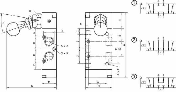 Pièces agricoles - Pièce pneumatique - Vanne 5/3, levier bouton 1/8"