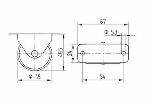 Pièces agricoles - Outils atelier - Roue fixe roulement en polyamide Ø45x18mm, Fixation de plaque: 67x24mm Load: 40kg, Tente