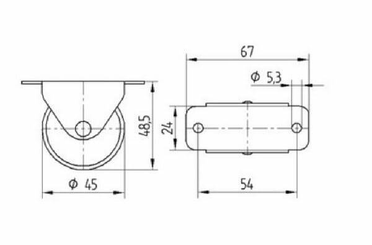 Pièces agricoles - Outils atelier - Roue fixe roulement en polyamide Ø45x18mm, Fixation de plaque: 67x24mm Load: 40kg, Tente