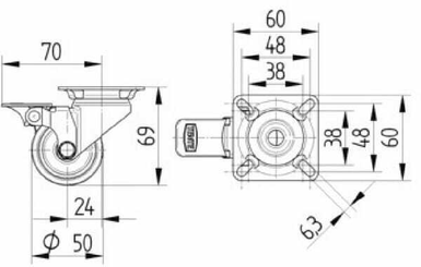 Pièces agricoles - Outils atelier - Roue pivotante, roue en polyuréthane : Ø50x19mm, with brake, Acier inoxydable Fixation de plaque: 60x60mm Load: 50kg, Tente