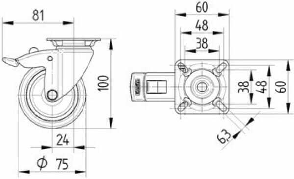 Pièces agricoles - Outils atelier - Roue pivotante, roue en polyuréthane : Ø75x25mm, with brake, Acier inoxydable Fixation de plaque: 60x60mm Load: 75kg, Tente
