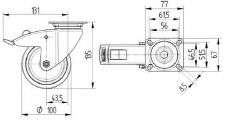 Pièces agricoles - Outils atelier - Roue pivotante, roue en polyuréthane : Ø100x32mm, with brake, Acier inoxydable Fixation de plaque: 77x67mm Load: 100kg, Ro-Carr