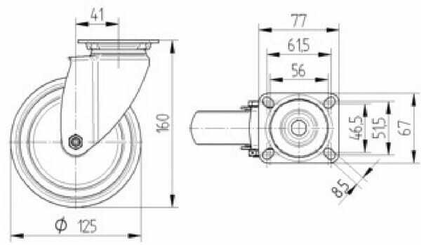 Pièces agricoles - Outils atelier - Roue pivotante, roue en polyuréthane : Ø125x32mm, Fixation de plaque: 77x67mm Load: 100kg Tente