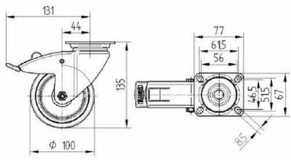 Pièces agricoles - Outils atelier - Roue pivotante, roue en polyuréthane : Ø100x32mm, Fixation de plaque: 77x67mm Load: 100kg Tente