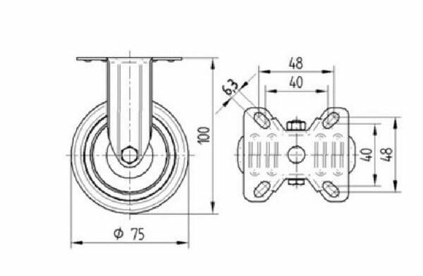 Pièces agricoles - Outils atelier - Roue fixe rigide Ø75x25mm, Fixation de plaque: 67x60mm Load: 75kg Tente