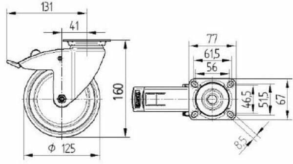 Pièces agricoles - Outils atelier - Roue pivotante, roue en polyuréthane : Ø125x32mm, Fixation de plaque: 77x67mm Load: 100kg Tente