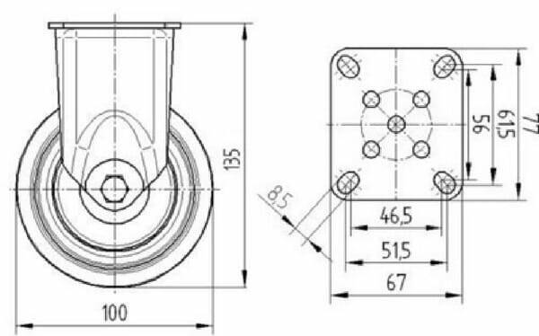 Pièces agricoles - Outils atelier - Roue fixe rigide Ø100x32mm, Fixation de plaque: 77x67mm Load: 100kg Tente