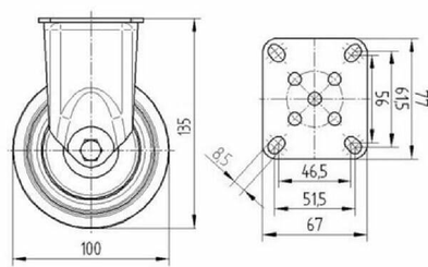 Pièces agricoles - Outils atelier - Roue fixe rigide Ø100x32mm, Fixation de plaque: 77x67mm Load: 100kg Tente