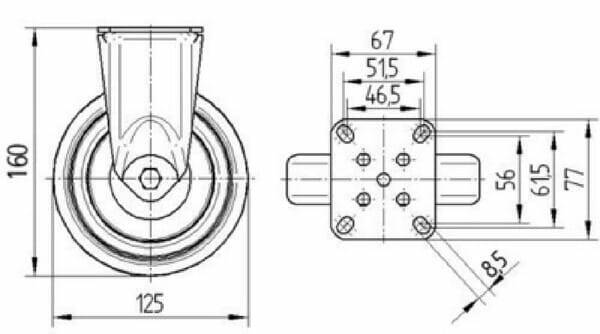 Pièces agricoles - Outils atelier - Roue fixe rigide Ø125x32mm, Fixation de plaque: 77x67mm Load: 100kg Tente