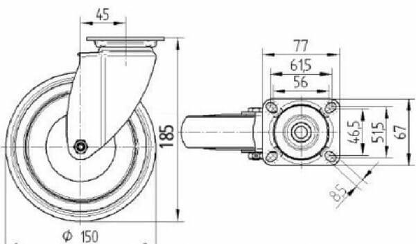 Pièces agricoles - Outils atelier - Roue pivotante, roue en polyuréthane : Ø150x32mm, Fixation de plaque: 77x67mm Load: 100kg Tente
