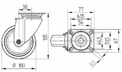 Pièces agricoles - Outils atelier - Roue pivotante, roue en polyuréthane : Ø100x32mm, Fixation de plaque: 77x67mm Load: 100kg Tente