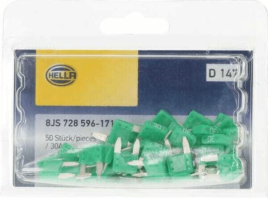 Pièces agricoles - Electricité - Fusible lame mini 30A longueur 10,9mm vert pack 50x Hella