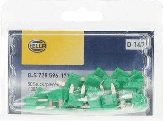 Pièces agricoles - Electricité - Fusible lame mini 30A longueur 10,9mm vert pack 50x Hella