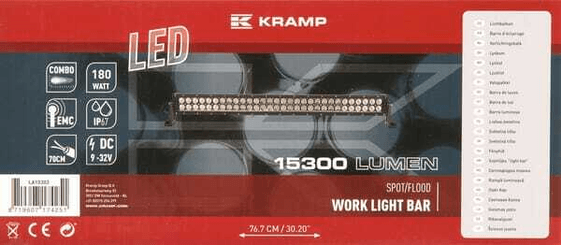 Pièces agricoles - Eclairage - Barre lumineuse LED, 180W, 15300lm, rectangulaire, 12/24V, blanc, 805x57mm, manchon d'extrémité de câble, Combo, 60 LED, Kramp