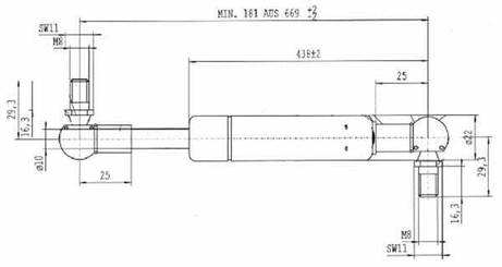 Pièces agricoles - Pièce divers - Vérin à gaz L669mm 650N Stabilus