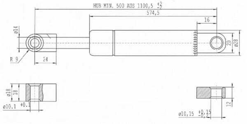 Pièces agricoles - Pièce divers - Vérin à gaz L1100.5mm 1000N Stabilus