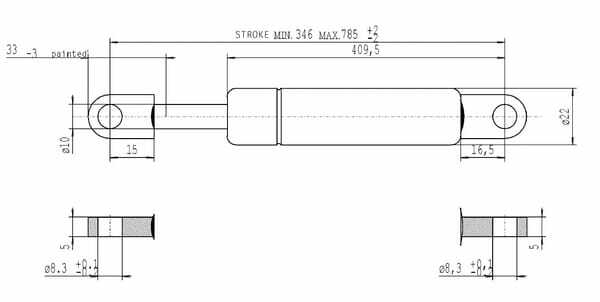 Pièces agricoles - Pièce divers - Vérin à gaz L785.5mm 250N Stabilus