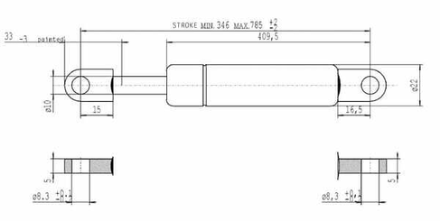Pièces agricoles - Pièce divers - Vérin à gaz L785.5mm 250N Stabilus