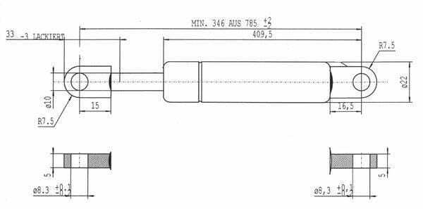 Pièces agricoles - Pièce divers - Vérin à gaz L785.5mm 600N Stabilus