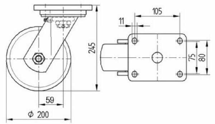 Pièces agricoles - Outils atelier - Roulette pivotante, chape et platine en acier mécano-soudé, zingué bleu